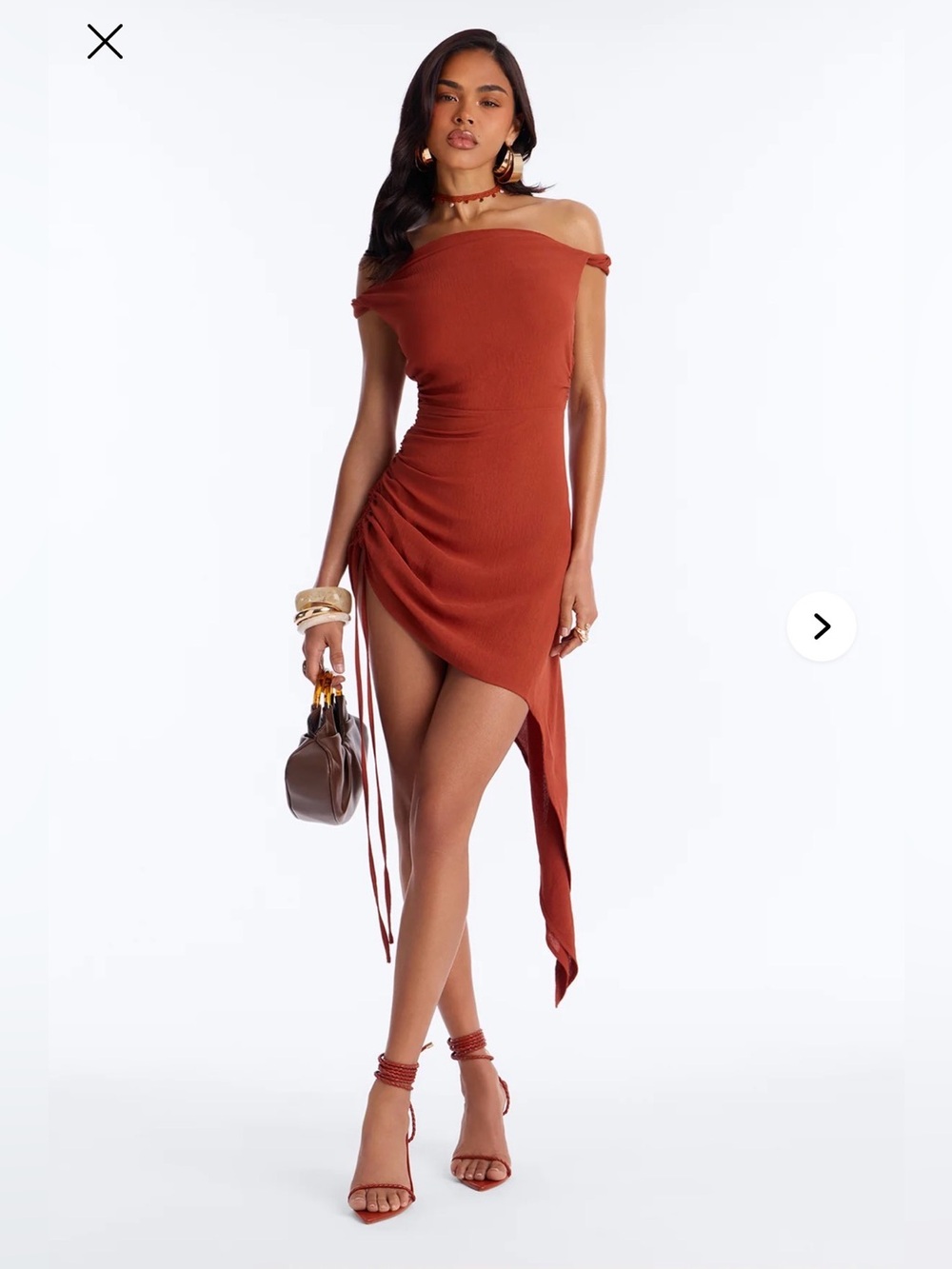 Soft Sands Off Shoulder Mini Dress - Rust